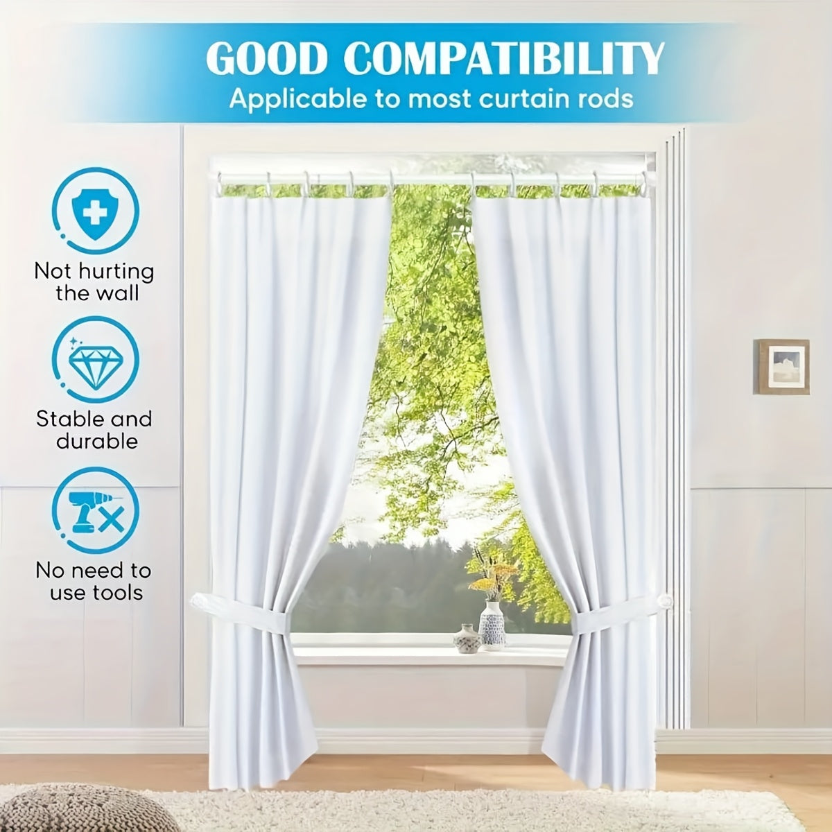 Adjustable tension curtain rod, no-drill extendable design for easy installation in bathroom, kitchen, window sill, balcony, living room. Can be used for door curtains, window curtains, wardrobe, or hanging clothes.