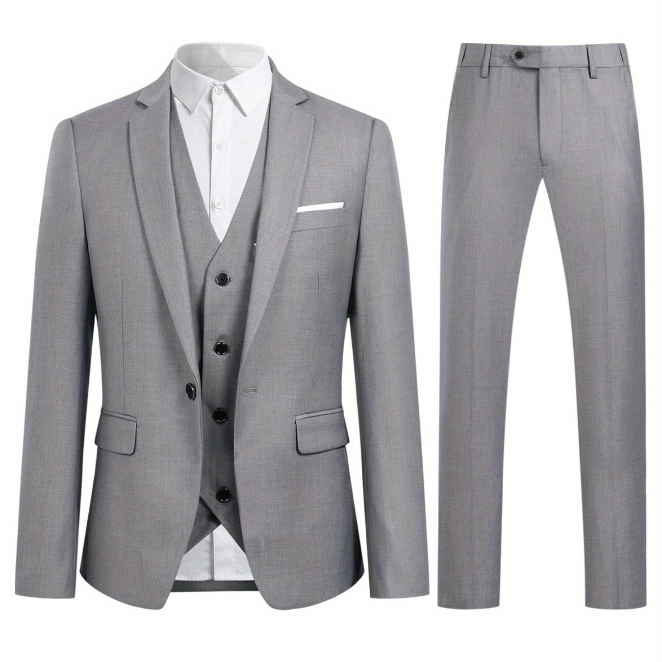 Men's single buttoned jacket and three-piece suit in a solid color.