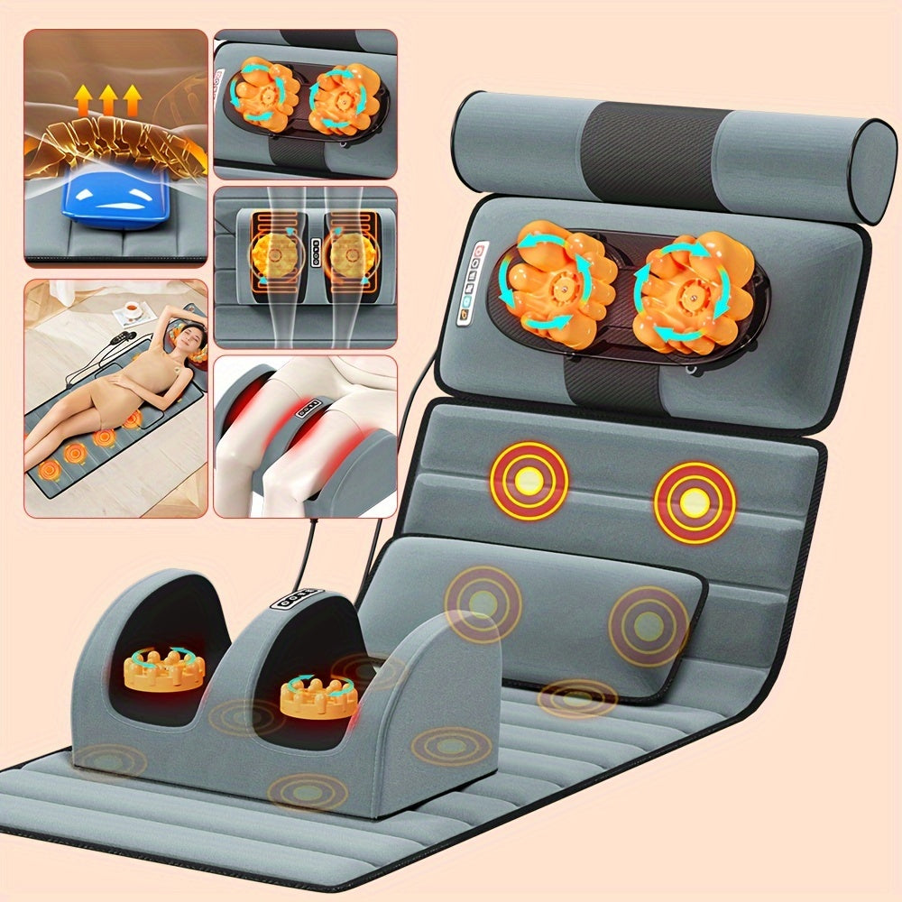 Full-body massage mat with heat and foot massager, including whole body vibration, 9 massage settings, and 3 timer options. Targets back, neck, lumbar, legs, and feet.