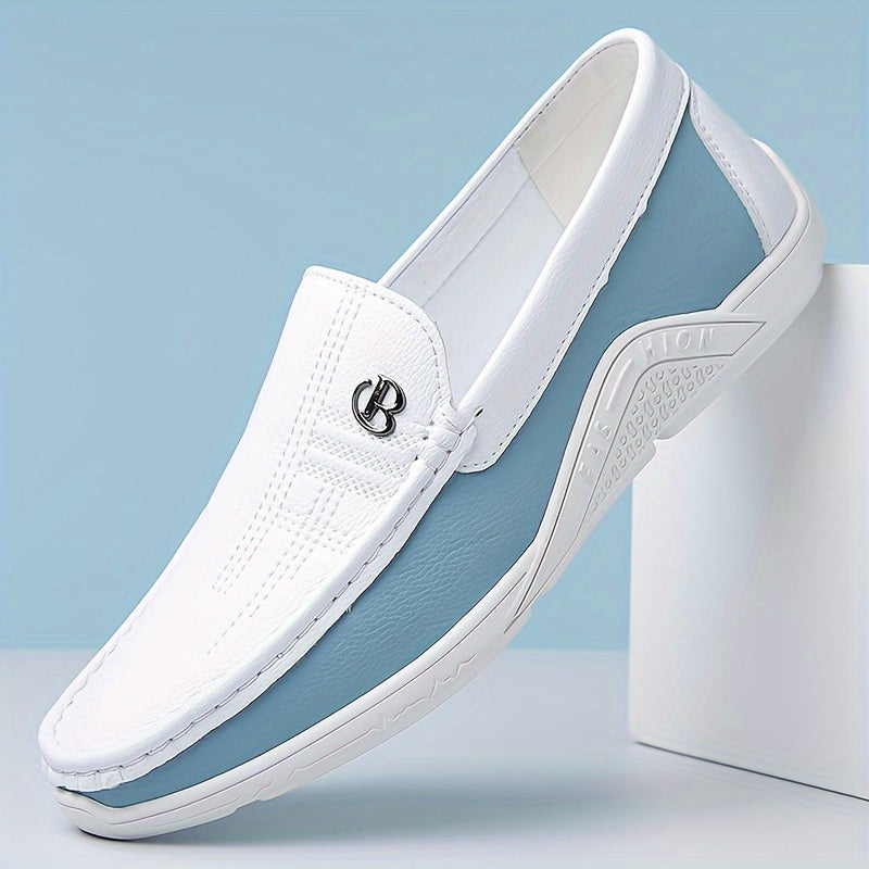 Men's trendy color block slip-on loafers with microfiber upper and durable non-slip rubber sole, perfect for daily wear.