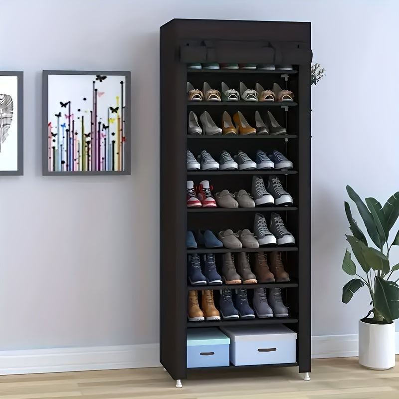 Compact plastic shoe cabinet with dust cover, non-woven shoe rack, easy assembly, portable, ideal for home, dorm, or entryway storage.