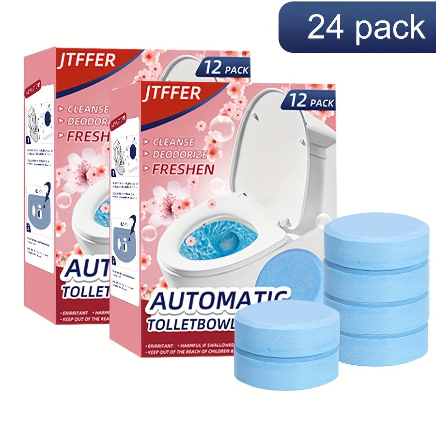 JTFFER Automatic Toilet Bowl Cleaner Tablets come in a 12-pack and are formulated with antibacterial citric acid to effectively clean and freshen ceramic surfaces. These tablets provide long-lasting freshness, deodorize, and help to break down tough