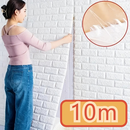 1 roll of 3D brick wall sticker with 10m self-adhesive vinyl foam wallpaper for home decor, creating a romantic bedroom atmosphere in brick, stone and wood style.