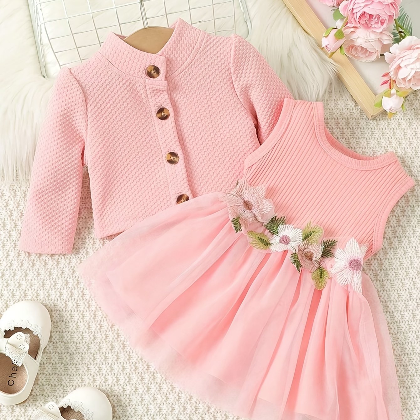 Floral dress set with long sleeve jacket for girls.