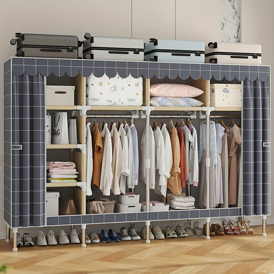 Solid color wide assembly with 10 shelves, 3 hanging rods, and plaid fabric. Portable closet for organizing wardrobe.