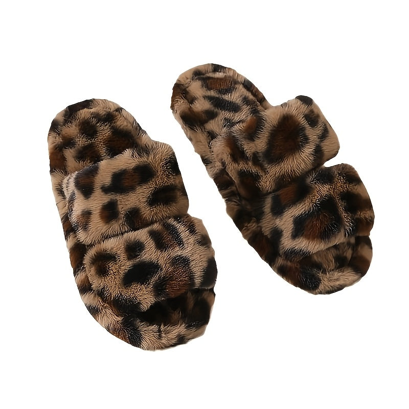 Women's soft plush cross-strap slippers with peep-toe fur, suitable for indoor and outdoor use.