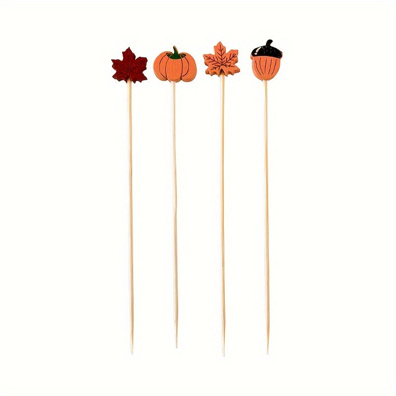 50 bamboo cocktail picks for appetizers and fruit skewers, featuring decorative leaves, pumpkins, and acorns. Perfect for Thanksgiving, Halloween, Christmas, Easter, and parties.