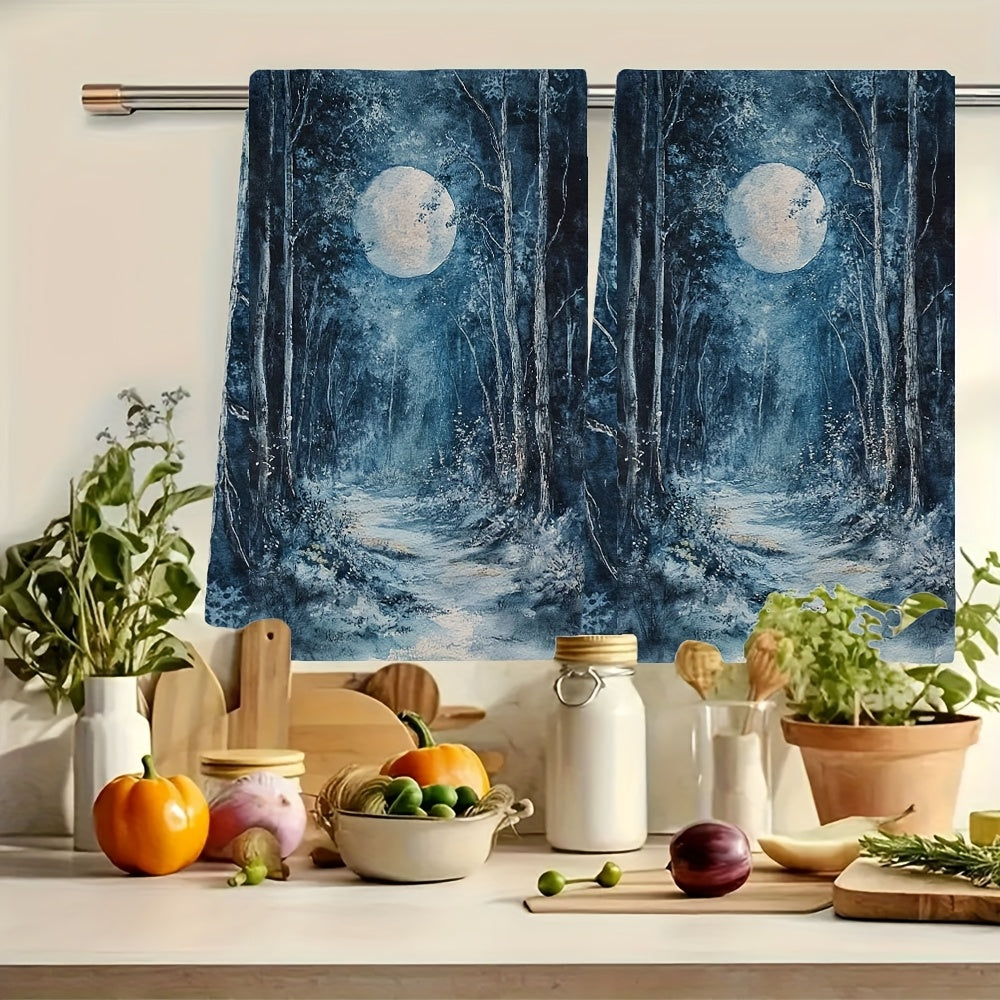 Enchanting Moonlit Grove Kitchen Towels Set of 2 - Made of Ultra Soft and Highly Absorbent Polyester Material, Machine Washable, 40.64x60.96 cm - Perfect for Holiday Decor and Everyday Use in the Kitchen