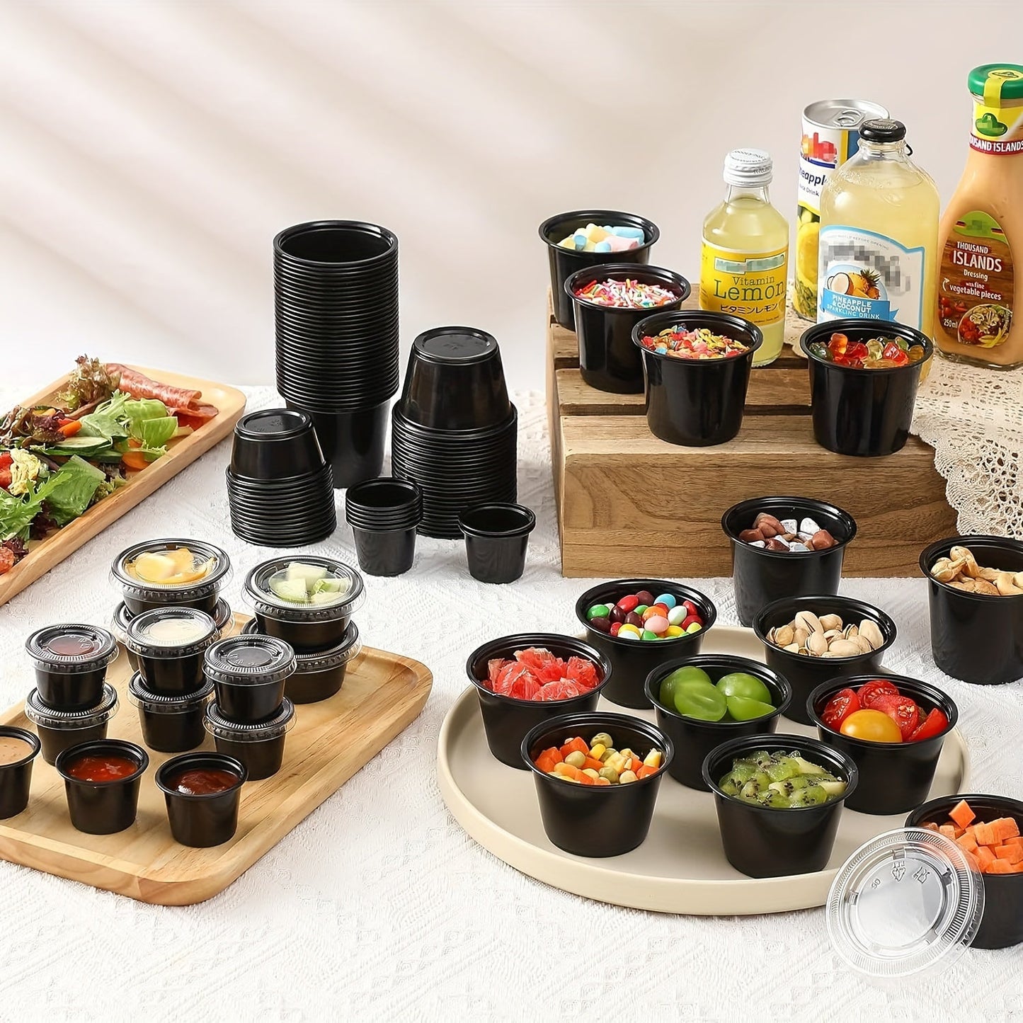 100 pieces of black plastic portion cups, available in 1/2, 3.25, 4, and 5.5-ounce sizes. Perfect for jello shots, small plastic containers with lids are airtight and can also be used for salad dressing, dipping sauces, and condiments. Ideal for lunches