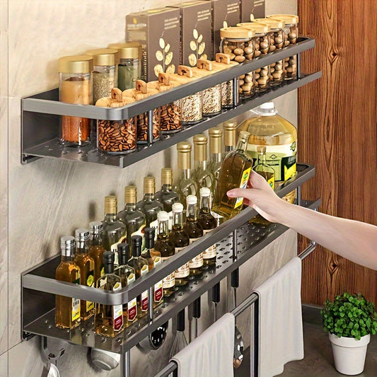 Spice Rack Wall Mount, Multi-functional Storage Shelf, Punch-Free Installation, Space-Saving Seasoning Holder for Kitchen and Bathroom, Organize Kitchen Accessories with Wall Mounted Storage Rack