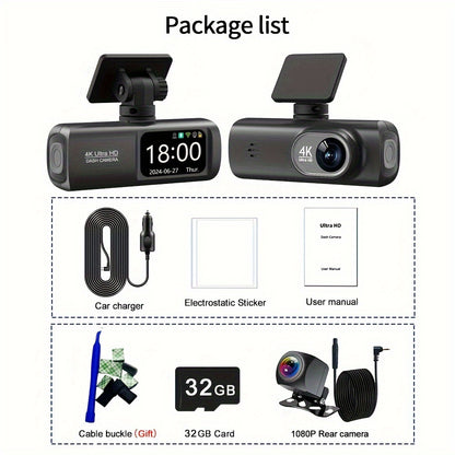 4K UHD front and 1080P rear dual dashcam with WiFi, hidden design, smart app control, super night vision, parking mode, G-sensor, loop recording, and free 32GB SD card.