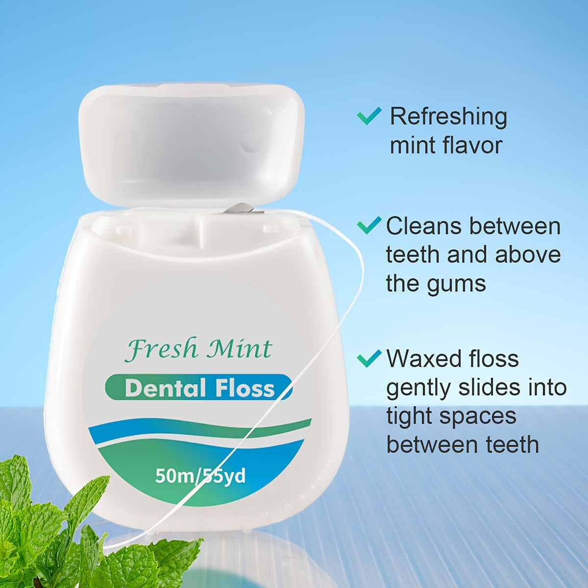 Fresh Mint Teeth Floss: Waxed PE, Cleans between teeth, slides easily into tight spaces, refreshing mint flavor, oral hygiene tool.