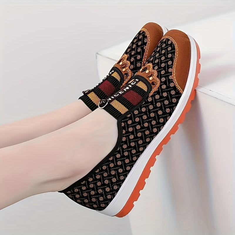 Women's comfortable slip-on loafers with rubber sole, fabric lining, and Mary-Jane strap design for summer wear.