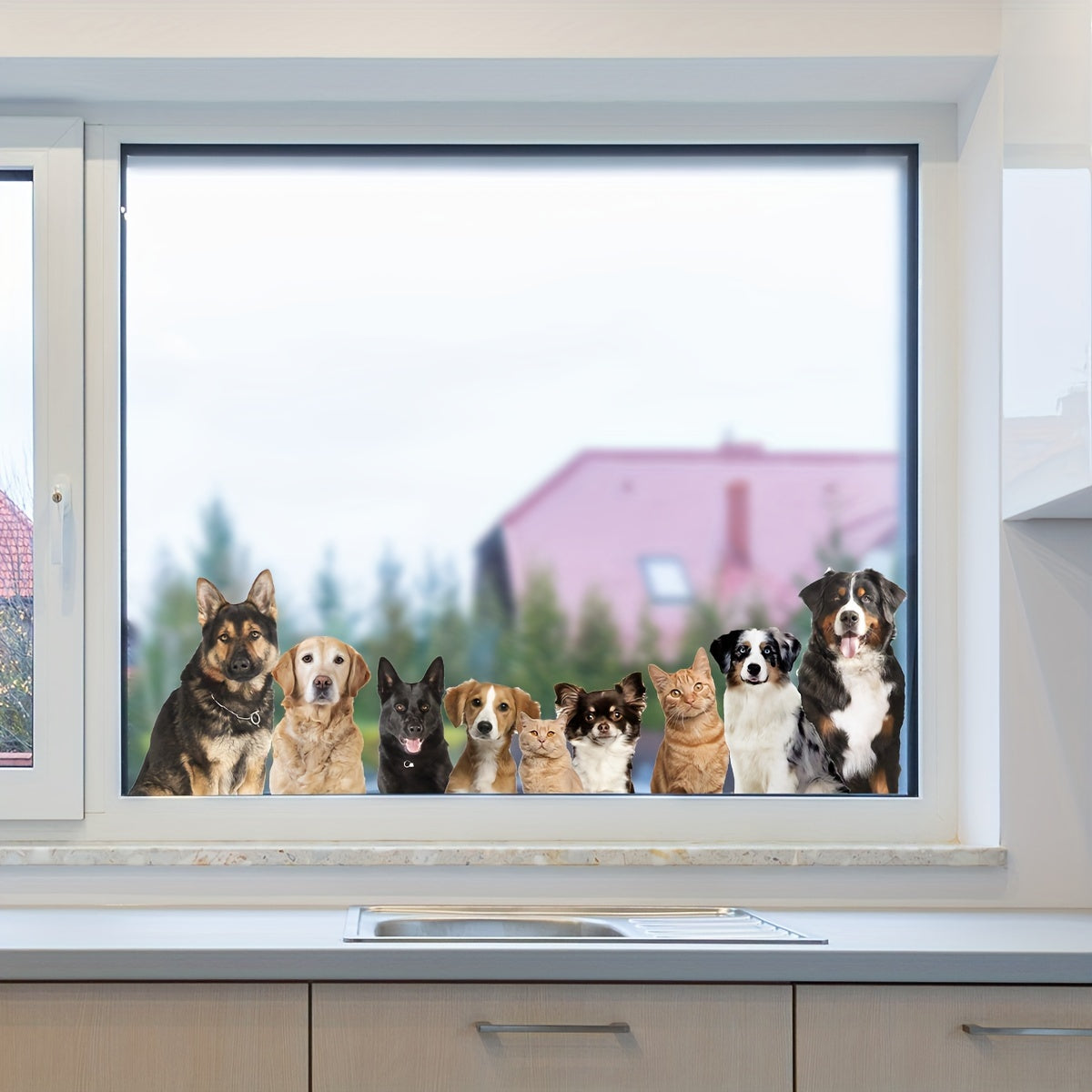 Cute Puppy Row Window Cling - 30.48cm x 40.64cm Double-Sided, Reusable Electrostatic Decal for Home & Office Decoration