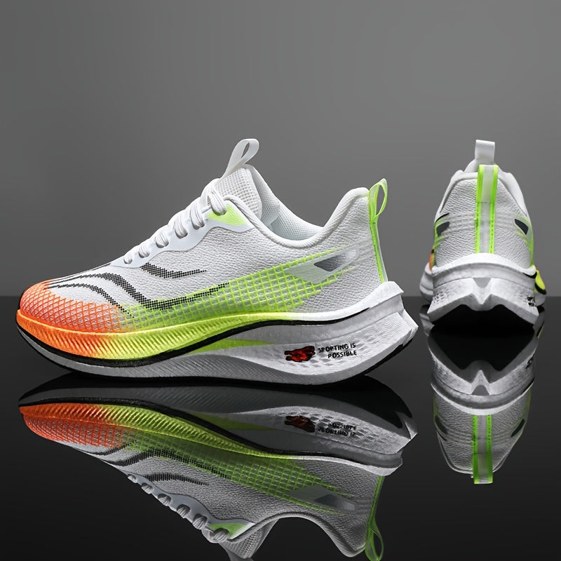 Trendy men's running shoes with gradient striped design, ideal for outdoor training and traveling.