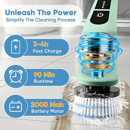 The Cordless Electric Rotating Cleaning Brush includes a battery indicator, seven interchangeable brush heads, dual speed settings, and a detachable telescopic handle, ideal for use in kitchens, living rooms, and bathrooms.