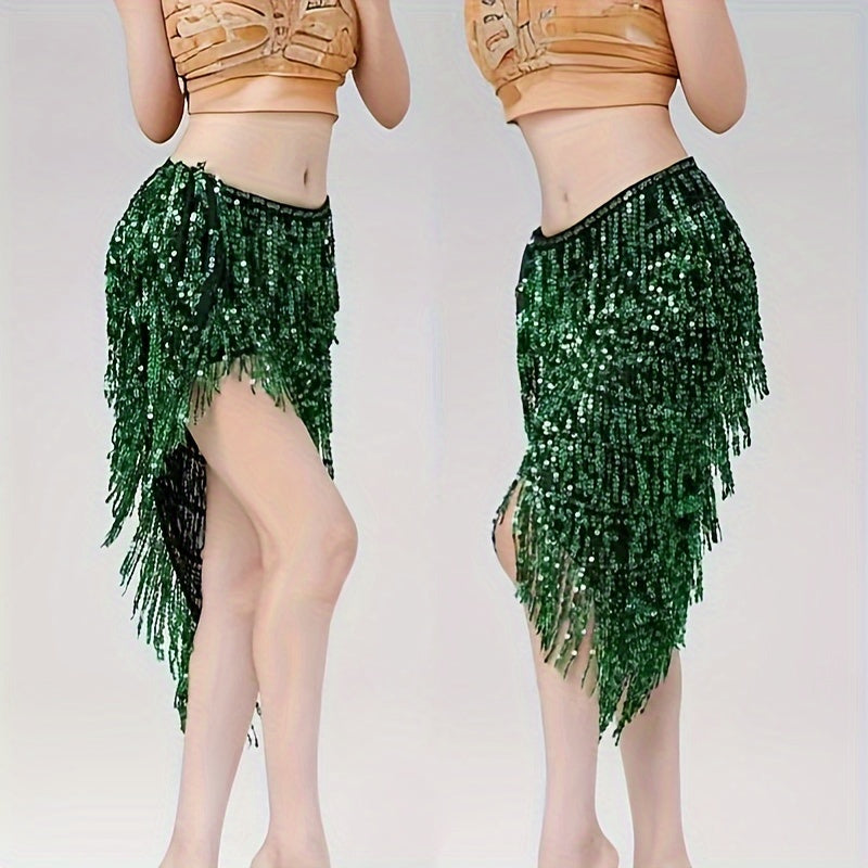 Sequined tassel skirt ideal for energetic belly dance performance.