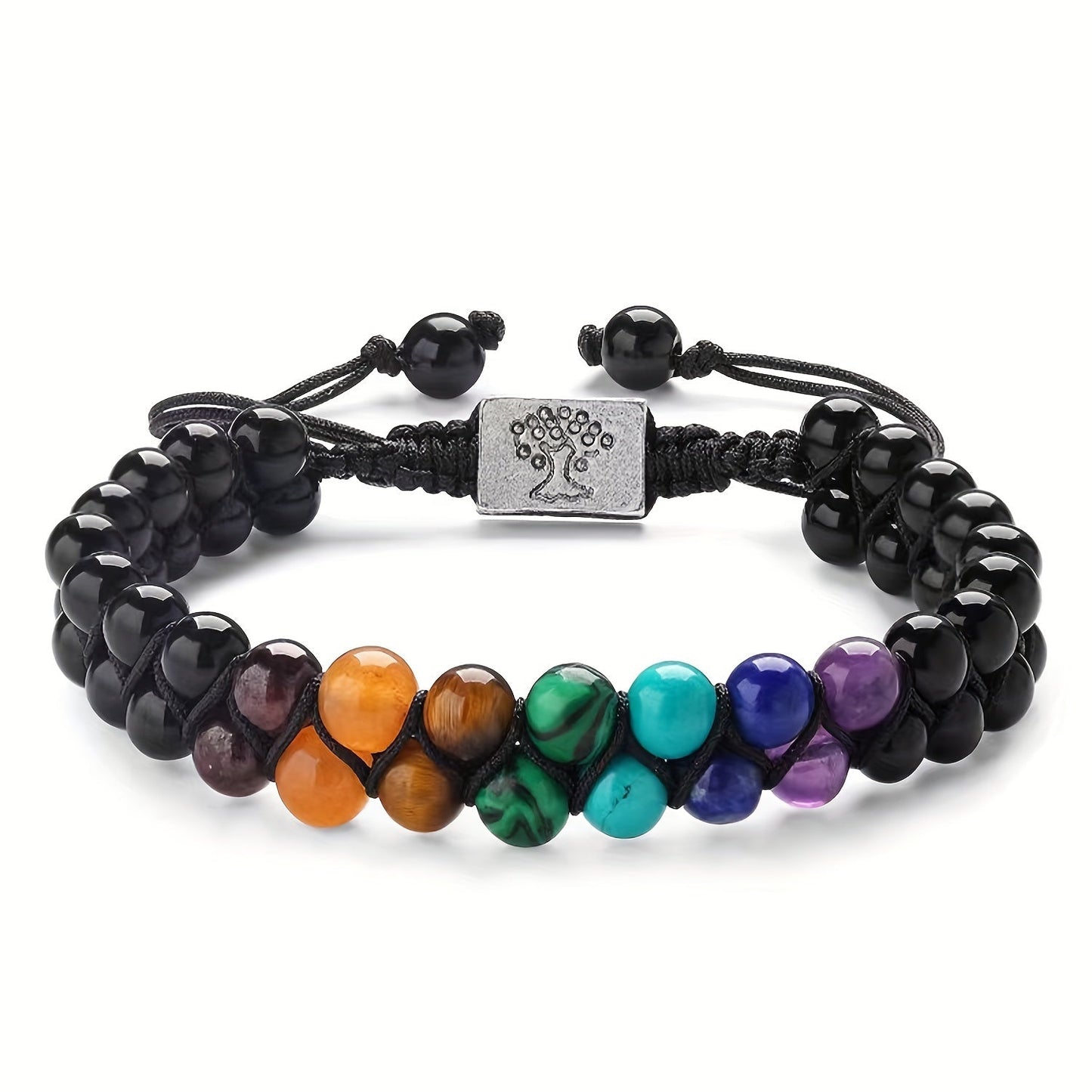 Stylish 7 Chakra Yoga Meditation Bracelet - Featuring Double Layer of Authentic Natural Gemstone Beads, Including Tiger Eye & Obsidian Crystals for Alleviating Anxiety and Attracting Good Fortune