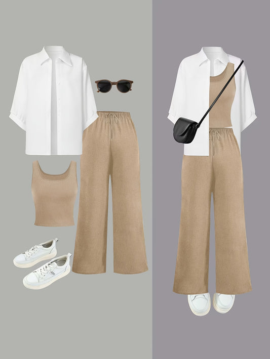 Women's 3-piece Casual Solid Color Set with Shirt, Tank Top, and Pants