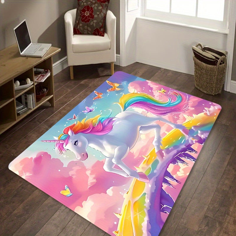 Add a touch of whimsy to your space with the Whimsy Woods Unicorn Area Mat. Made from durable 8mm thick polyester, this cartoon fantasy horse mat is perfect for the bedroom, living room, or entryway. It is machine washable and features a cute unicorn