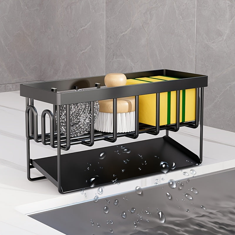 Black and white kitchen sink organizer with towel rack - includes metal sponge holder, dish soap caddy, and self-draining tray, offering versatility.