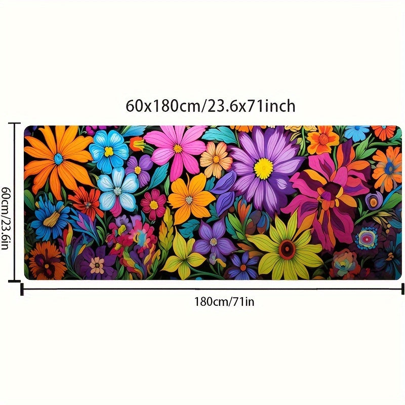 This Vibrant Floral Kitchen Mat is 1 piece, measuring 0.8mm thick. It is soft and thickened, making it perfect for use in the laundry room, bathroom, living room, or bedroom. The mat features a colorful flowers design and is made of 100% polyester. It is