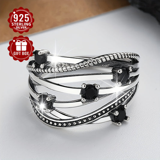 925 Sterling Silver Adjustable Open Band Multi-Layer Ring with Black Synthetic Zirconia - Hypoallergenic and Stylish. Perfect for Any Occasion and Season - Available in A/B Style (3.4g/2.98g)