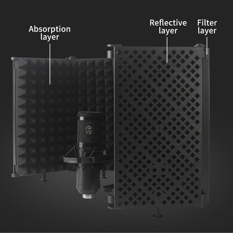 High-density foam sound absorption screen reduces noise for clear vocal recording with condenser microphones.