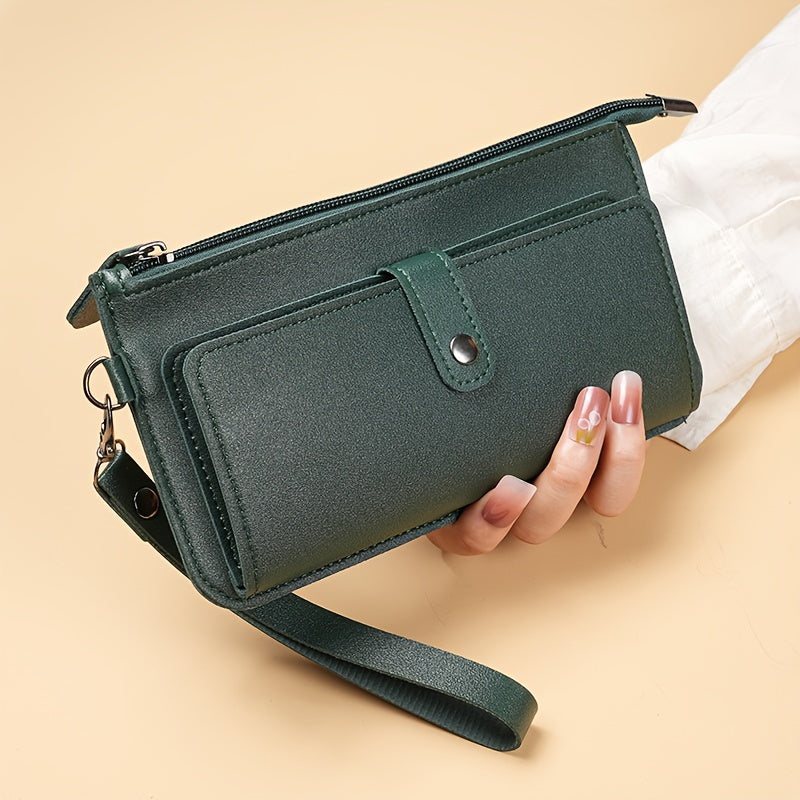 Casual women's wallet with large capacity, zippered coin purse, card slots, and wristlet clutch in faux leather.