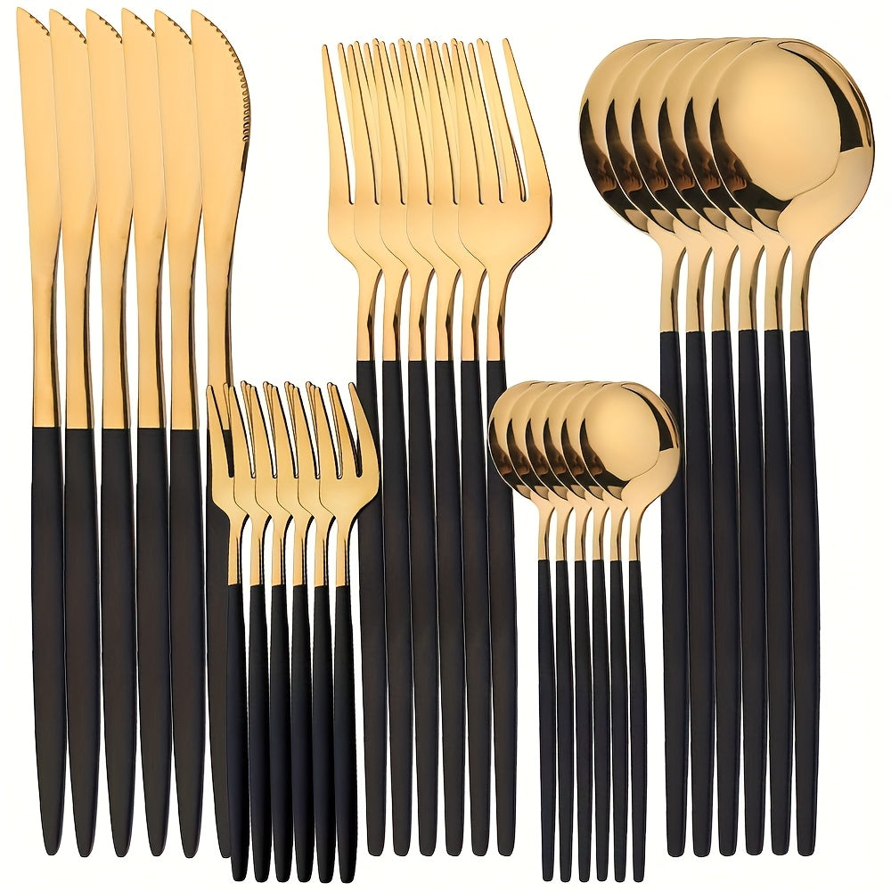 Elegant 30-piece stainless steel cutlery set with mirror finish, dishwasher safe, including forks, knives, and spoons. Durable tableware collection.