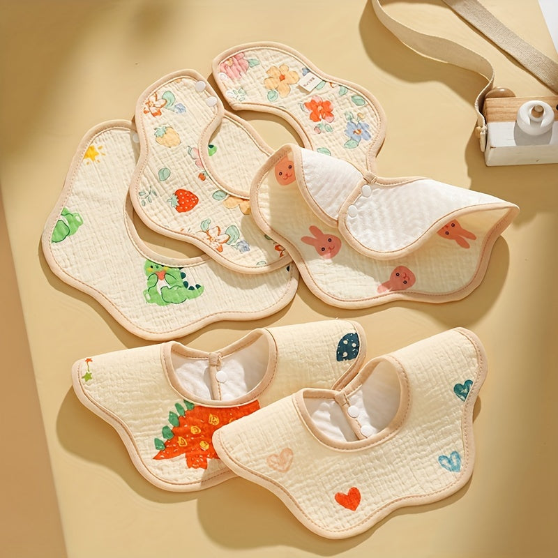 Five-pack of baby bibs made from cotton with a waterproof layer and snap closure. These breathable muslin drool bibs are perfect for newborns and infants aged 0-3 years. Featuring a unisex petal-shaped design.