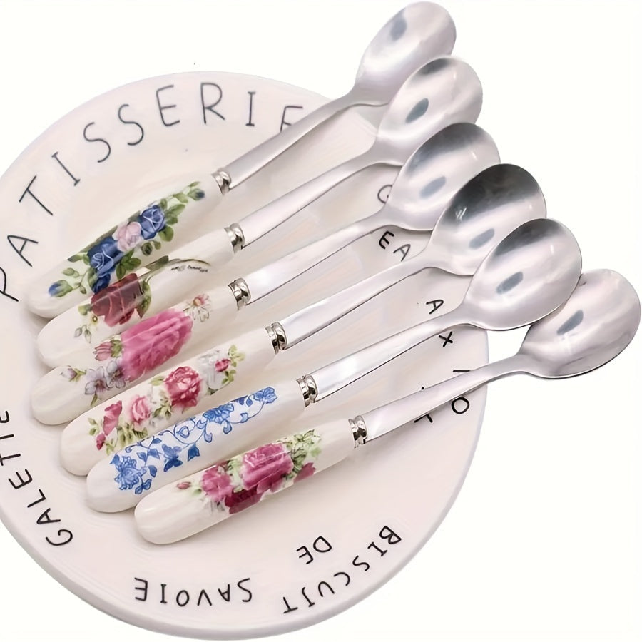 Set of 6 OUKEAI Floral Ceramic Handle Coffee Spoons with Stainless Steel - Ideal for Stirring, Sweetening, Scooping Ice Cream & Soups - Stylish Kitchen and Dining Utensils featuring Rose, Pearl, and Lace Patterns