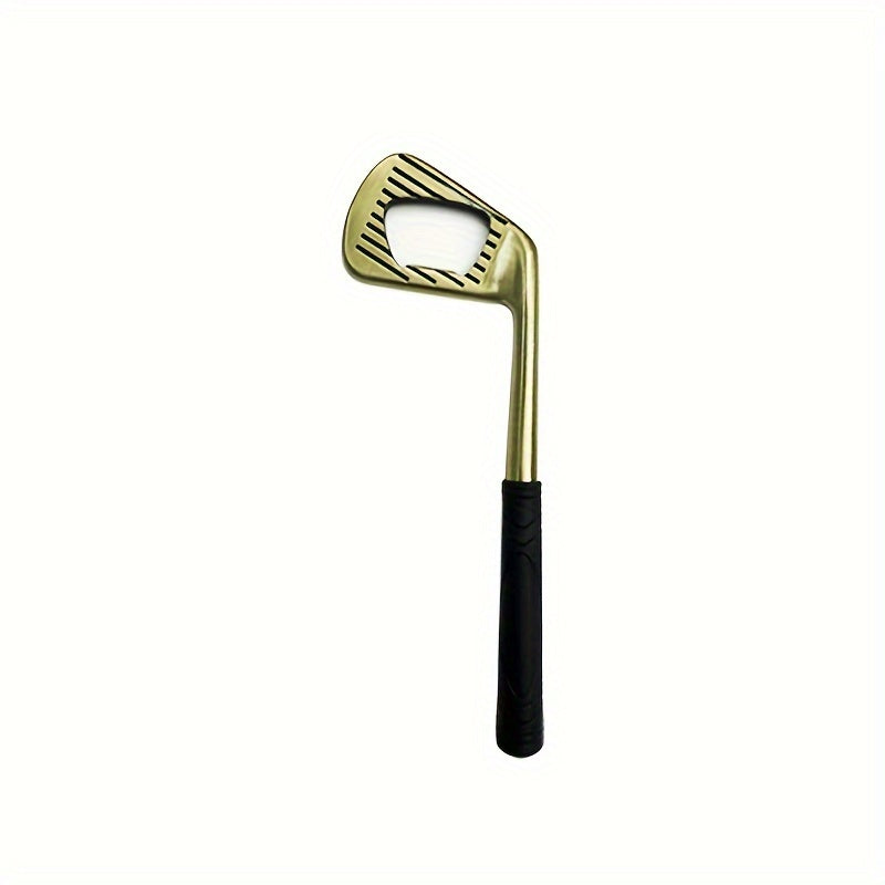 A golf club-shaped bottle opener made of zinc alloy with a golden finish.