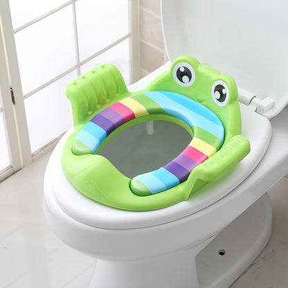 Frog potty training seat with splash guard and non-slip mat, portable and comfortable for easy travel and a perfect gift.