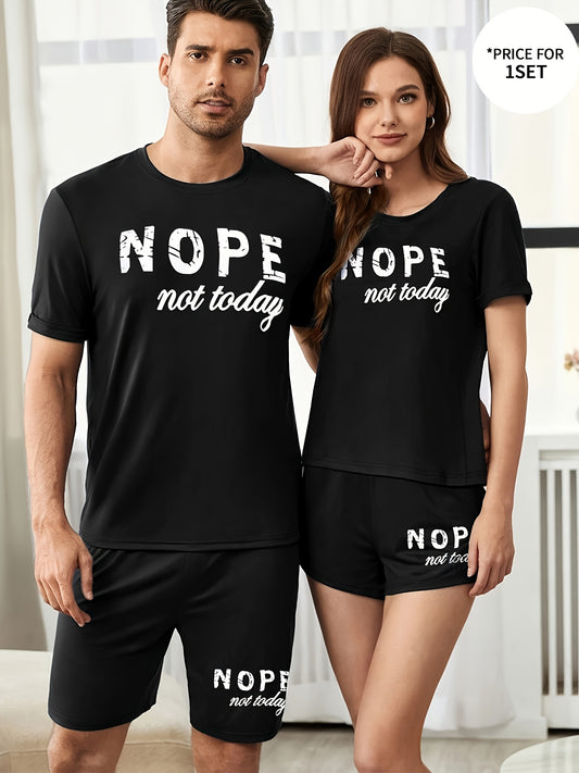 Valentine's Day pajama set with "NOPE Not Today" letter print, crew neck, knit fabric, medium stretch, all-season comfort, 95% polyester and 5% elastane.