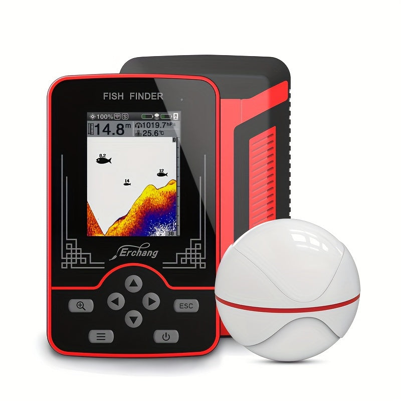 Erchang F13 Wireless Fish Finder Sonar with 60.96m range, rechargeable battery, LCD display, portable for various fishing environments in white and red design. Features fish location