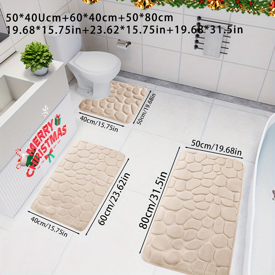 3-piece Christmas bath mat set, with ultra-absorbent, non-slip bathroom rug made of soft, comfortable, premium polyester knit weave for tub, shower, and home decor.