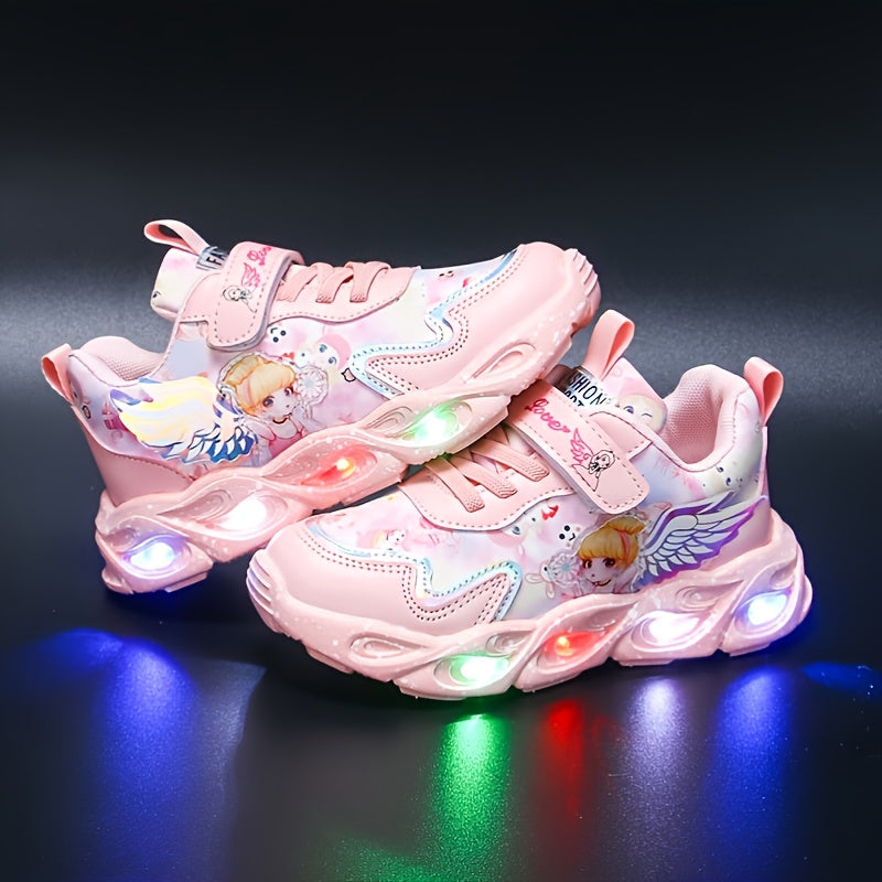 Girls' low top running shoes with glittering design, buckle closure, and lightweight microfiber synthetic construction for kids aged 14 and under.