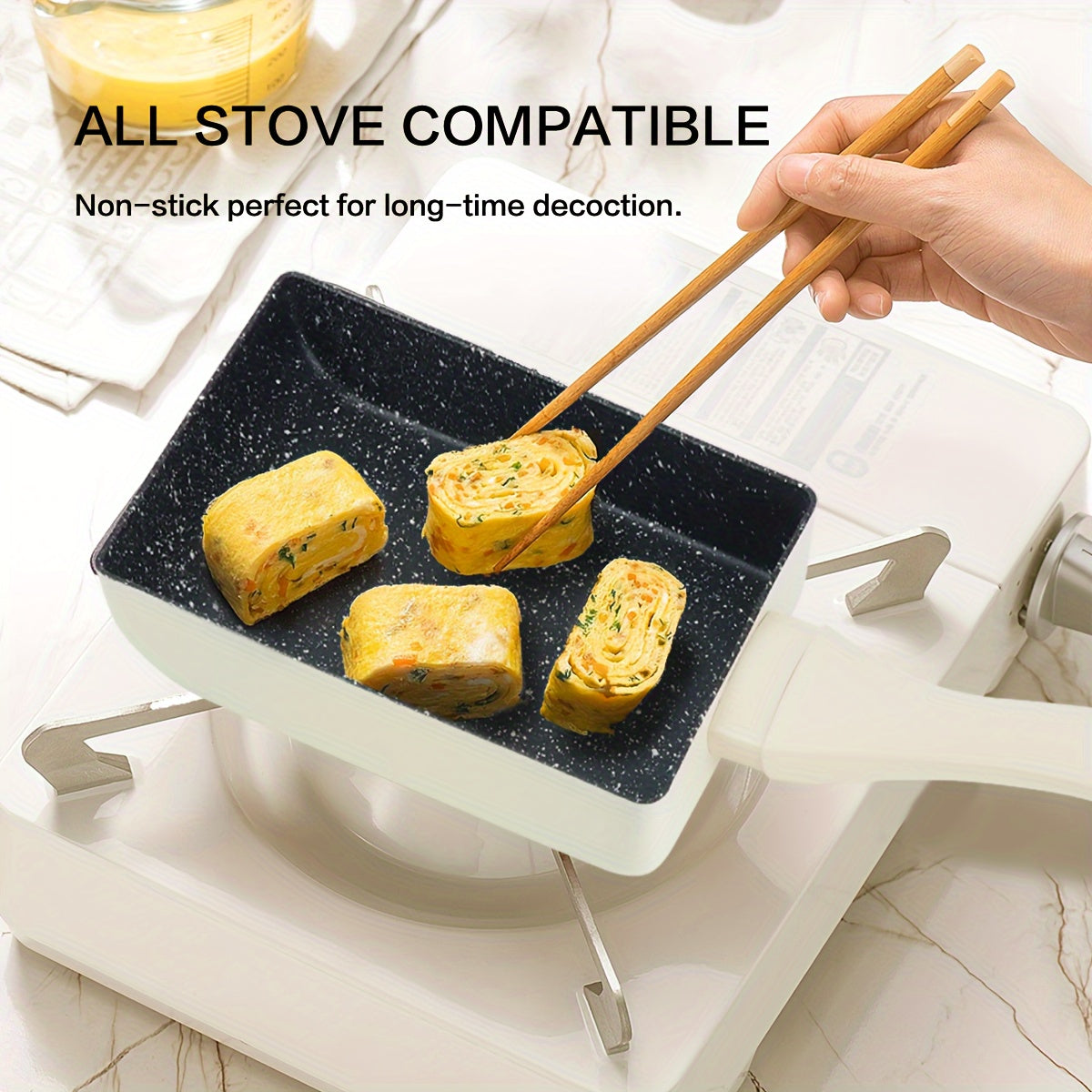 Nonstick Square Egg Pan for Japanese Tamagoyaki Omelette, 13.46cm x 18.29cm, Granite Stone Cookware with PFOA-Free Coating, Dishwasher Safe Aluminum Pan with Silicone Handle for Induction & Smooth Surface Stoves.