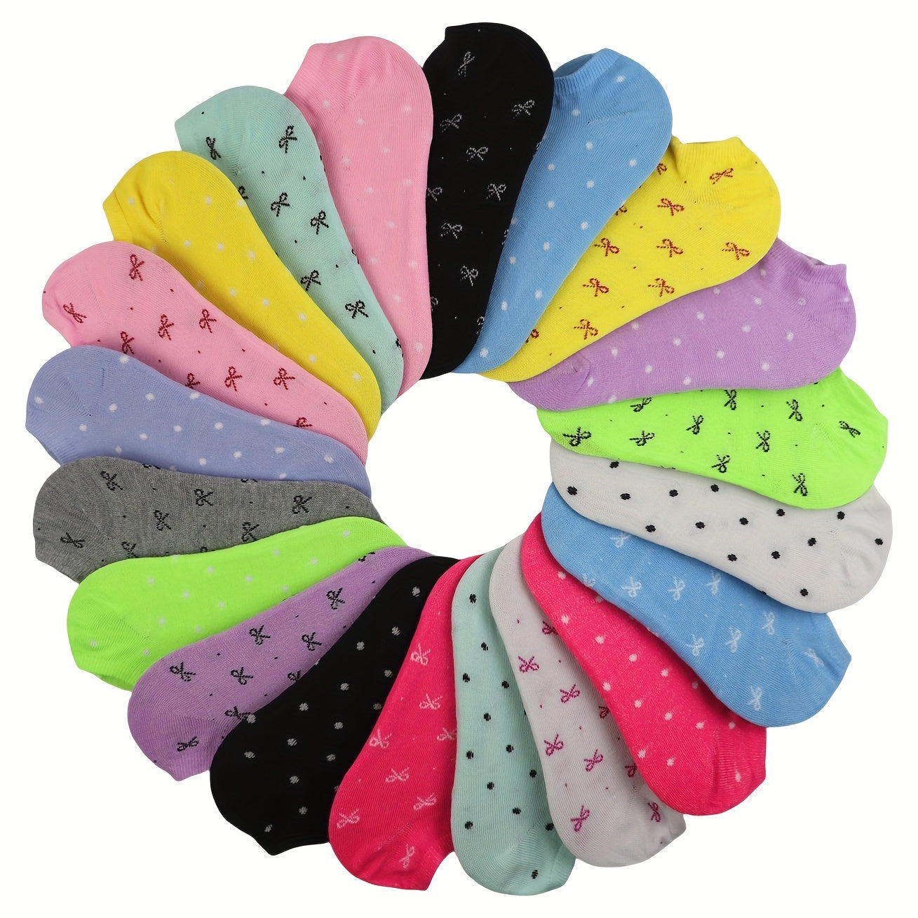 20 pairs of candy-colored, lightweight, and breathable low cut ankle socks for women.