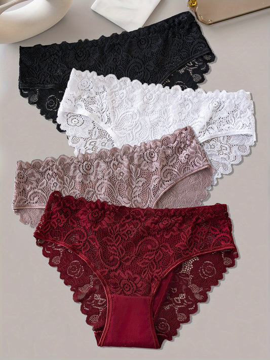 4-Pack Lace Trim Cotton Blend Briefs for Women, Breathable and Comfortable with Hollow-Out Design and Jacquard Pattern