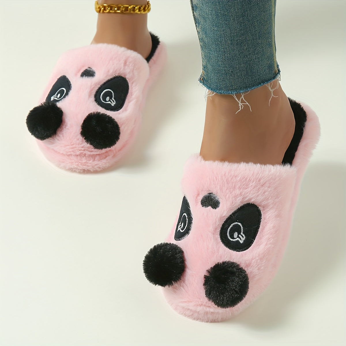 Cozy Panda Cartoon Plush Slippers for Men and Women - Black & White Design with Fluffy Ball Detail, TPR Sole, Hand Washable - Perfect Winter Comfort, Cute Style.