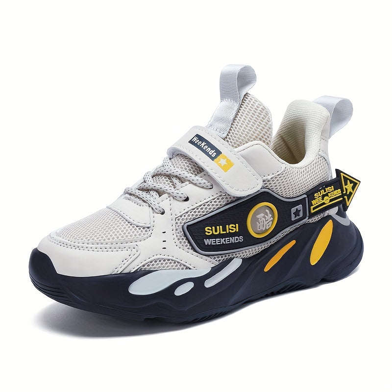 Breathable mesh athletic sneakers for kids with hook-and-loop strap, soft EVA sole, and trendy design. Suitable for all seasons.