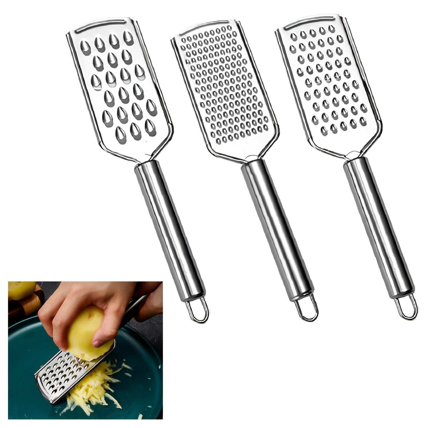 Set of 3 Stainless Steel Kitchen Graters, Versatile Cheese Shredders with Different Hole Sizes, Sturdy Handheld Cheese Slicers for Grating Vegetables and Hard Cheese