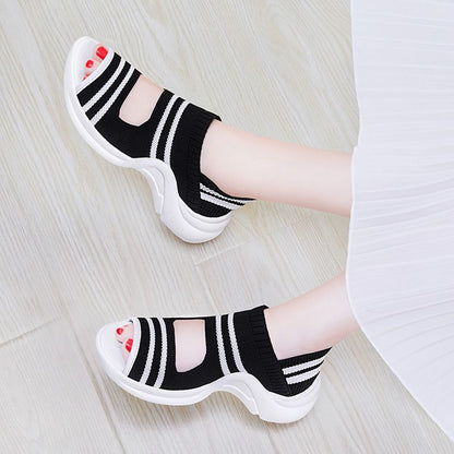 Fashionable lightweight open toe knitting sandals with thick soles, perfect for outdoor sports and women's footwear.