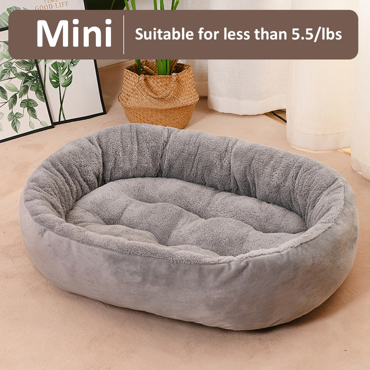 Cozy oval pet bed for small to medium dogs, plush polypropylene mat, non-assembled.