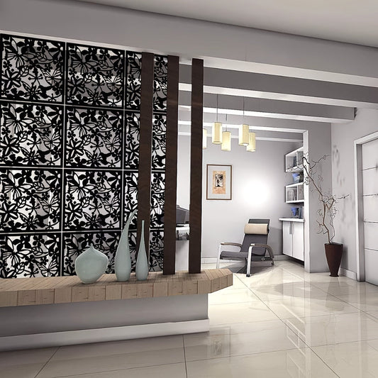 Black decorative art plastic room divider panels, featuring flower carving pattern screens. Perfect for use in homes, hotels, bars, living rooms, dining rooms, kitchens, bedrooms, offices, and restaurants. No power needed, with a stylish hollow out