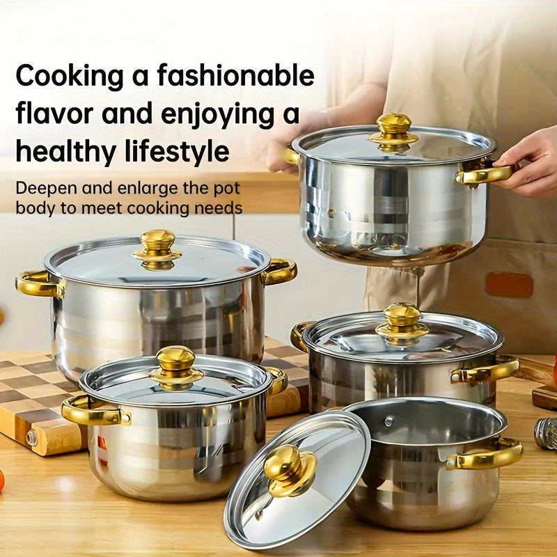 Set of 12 Stainless Steel Cookware Pieces with Glass Lids - Suitable for Gas Stoves, Durable Heat-Resistant Handles for Home & Restaurant Cooking