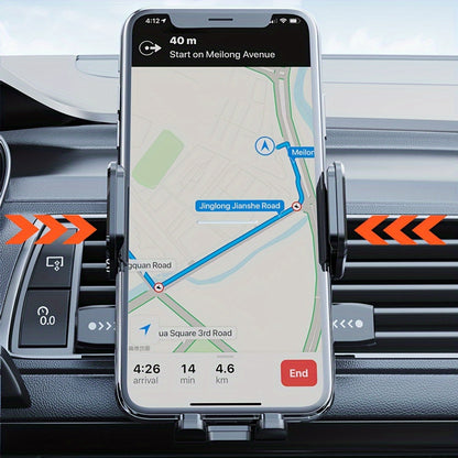 This phone holder rotates 360°, mounts on dashboard with suction cup, made of durable ABS material for secure grip while driving. Allows for safe navigation and flexible positioning of