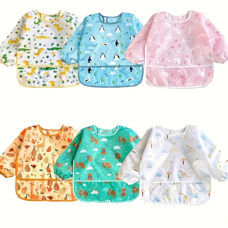 New collection of children's mealtime clothing featuring anti-stain, waterproof, and cartoon printed designs for boys and girls.